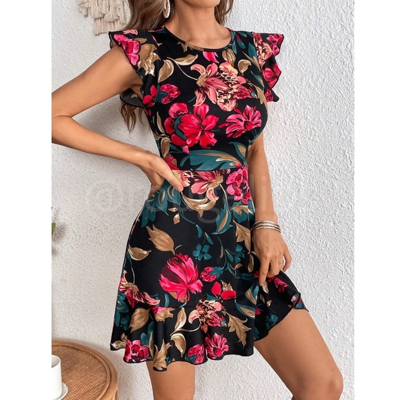 Floral Black Short Fit & Flare Dress Ruffle Trim - Picture 2 of 9